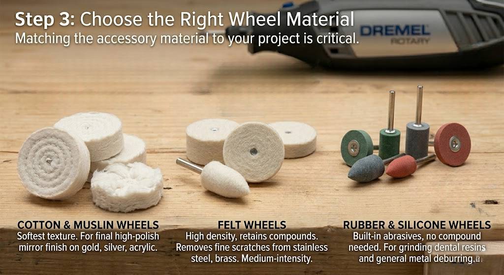 Comparison of Dremel accessory materials: cotton and muslin, dense felt, and abrasive-impregnated silicone wheels.