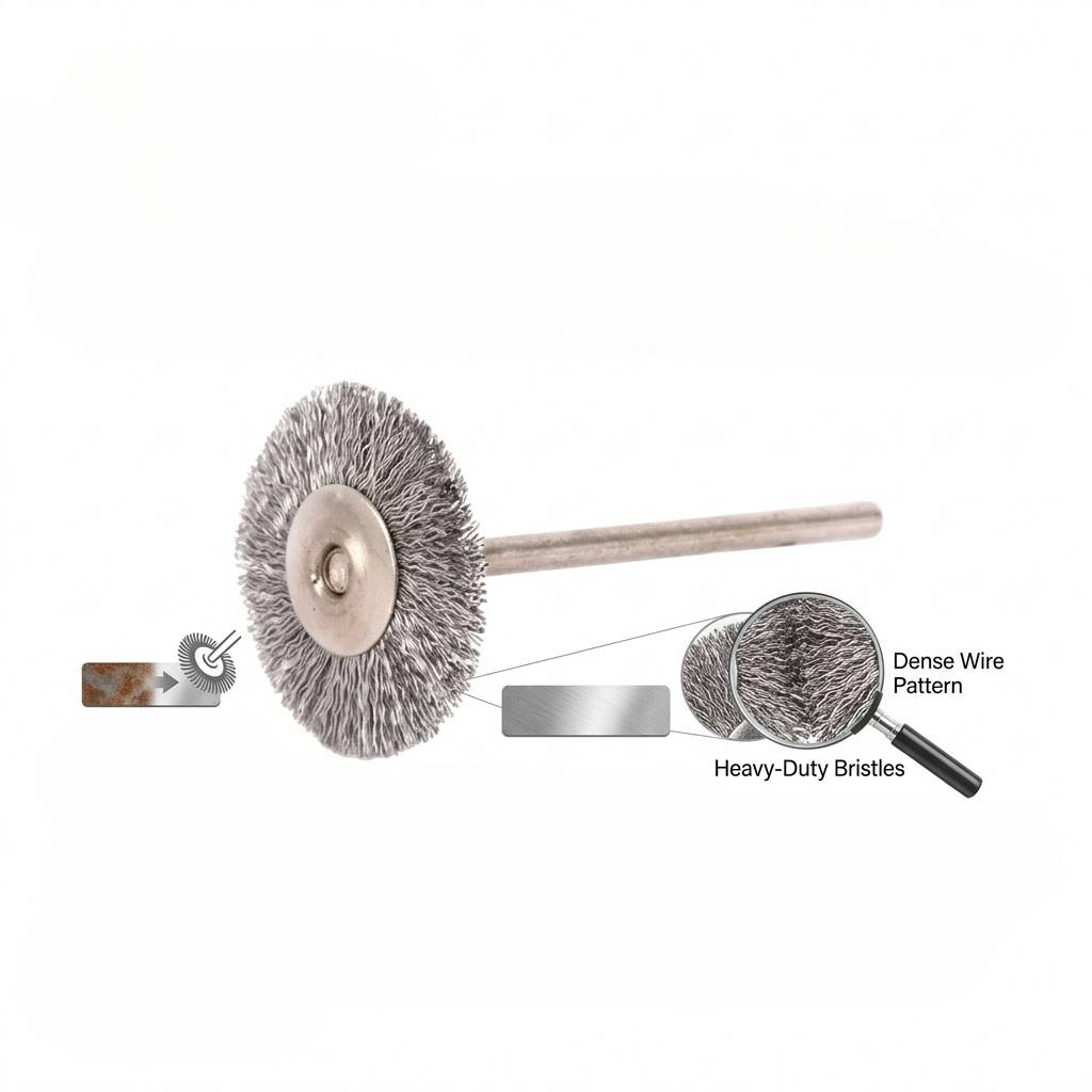 Stainless steel wire brush with heavy-duty bristles for cleaning and removing rust from metal surfaces.