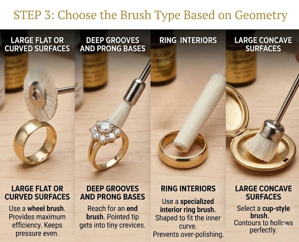 How to choose between wheel, end, interior ring, and cup brushes for different jewelry surfaces and crevices.