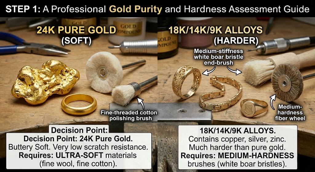 Comparison of 24K pure gold versus 18K/14K/9K alloys and the specific soft or medium brushes required for each.