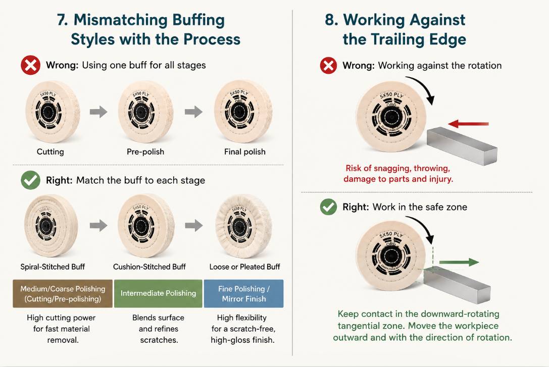 Chart displaying correct buff styles for each polishing stage and the safe downward-rotating tangential work zone.