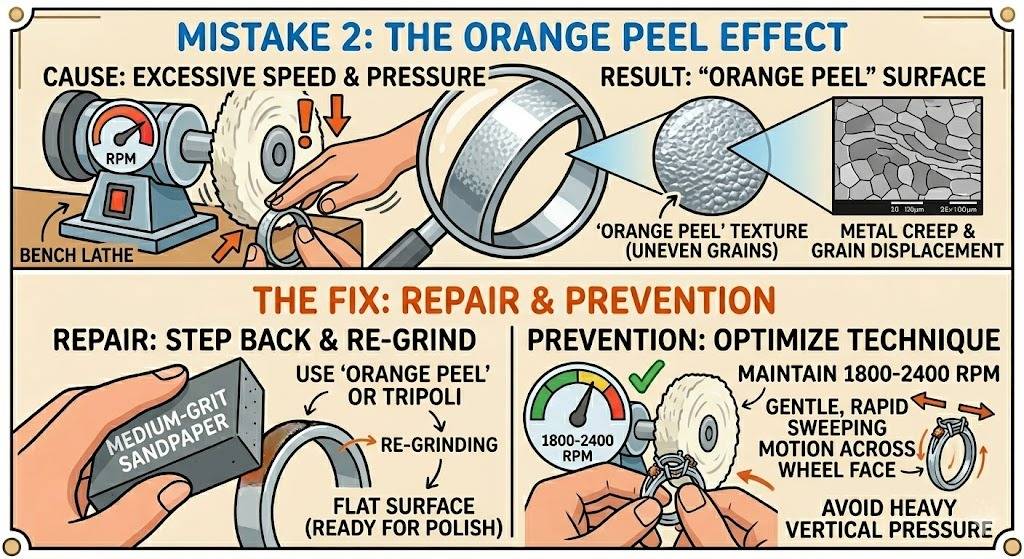Guide explaining how excessive speed causes an orange peel texture on rings and how to re-grind the surface.