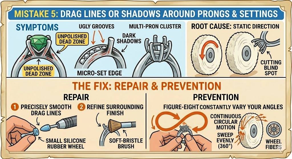 Illustration showing unpolished dead zones around prongs and the figure-eight motion technique to prevent shadows.