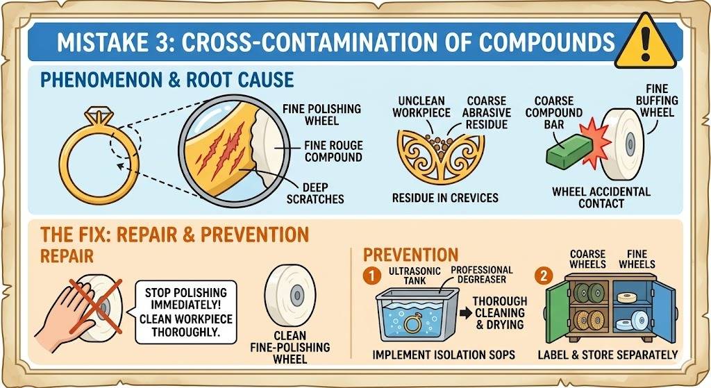 Diagram illustrating deep scratches from cross-contaminated buffing wheels and SOPs for separate storage.