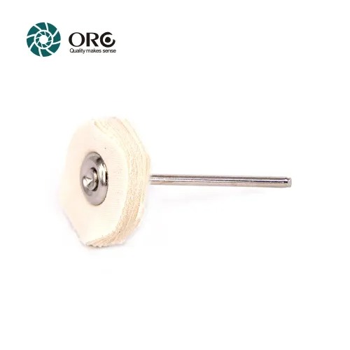 A single miniature loose muslin cloth buffing wheel mounted on a silver shank on a solid white background