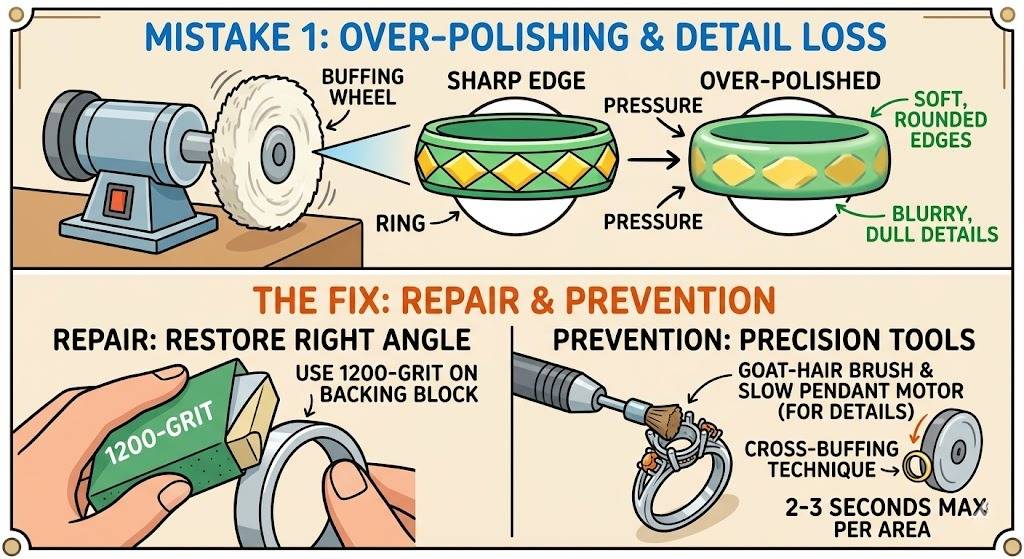Infographic showing the causes of ring detail loss from over-polishing and how to repair it using precision tools.