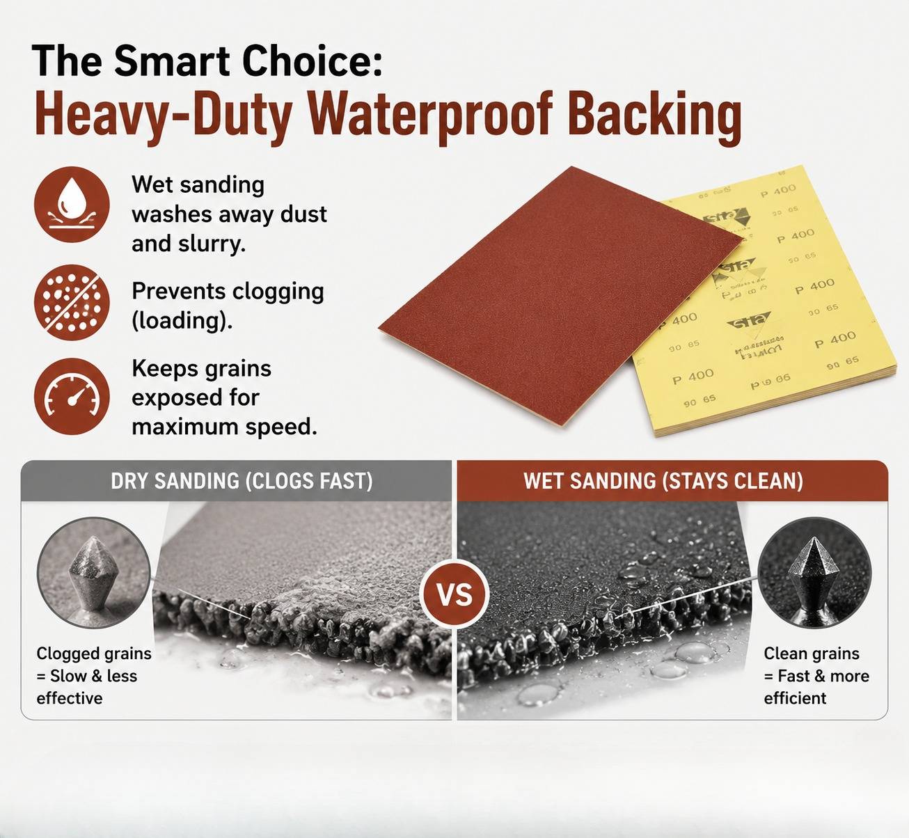 Infographic comparing dry sanding grain clogging versus wet sanding grain efficiency with waterproof backing.