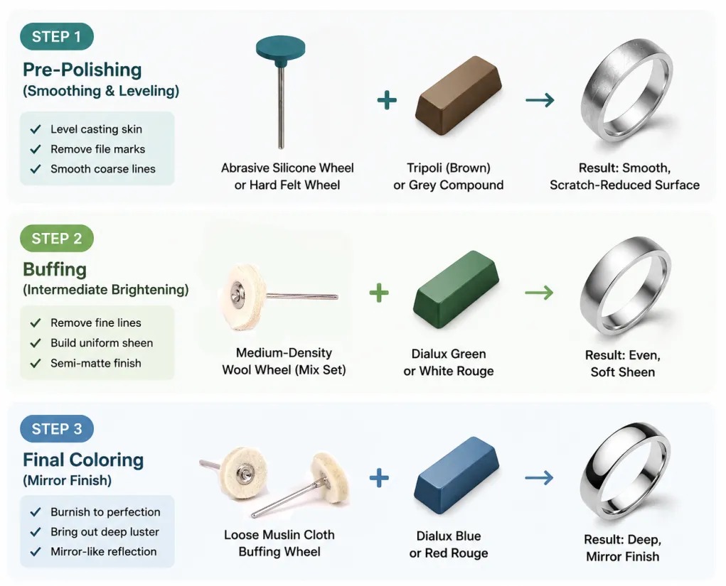 A 3-step guide detailing pre-polishing, buffing, and final coloring stages for a mirror-finish ring.
