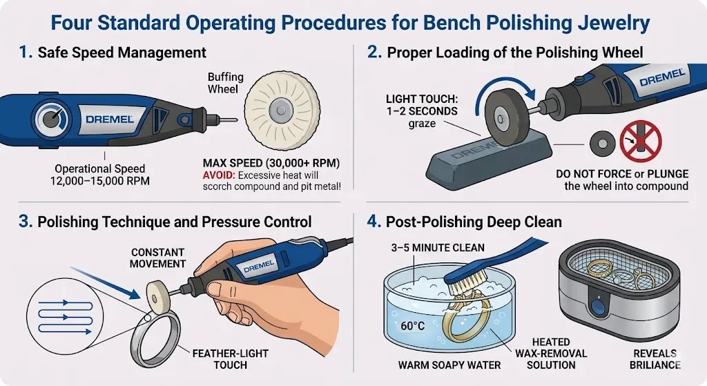 An infographic illustrating four standard operating procedures for bench polishing jewelry with a rotary tool.