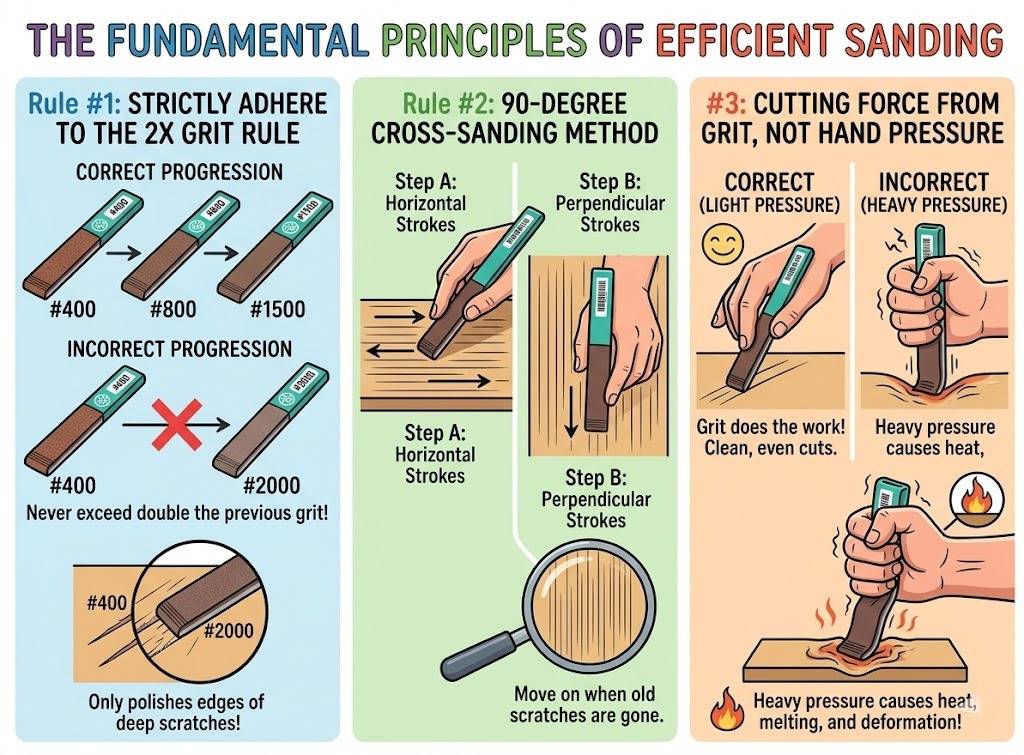 Infographic illustrating the 2x grit rule, 90-degree cross-sanding method, and proper light hand pressure.
