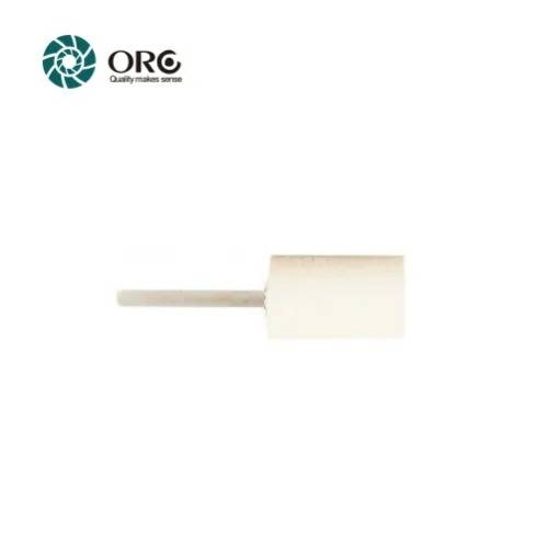 Cylinder-shaped white wool felt polishing bob mounted on a metal mandrel.