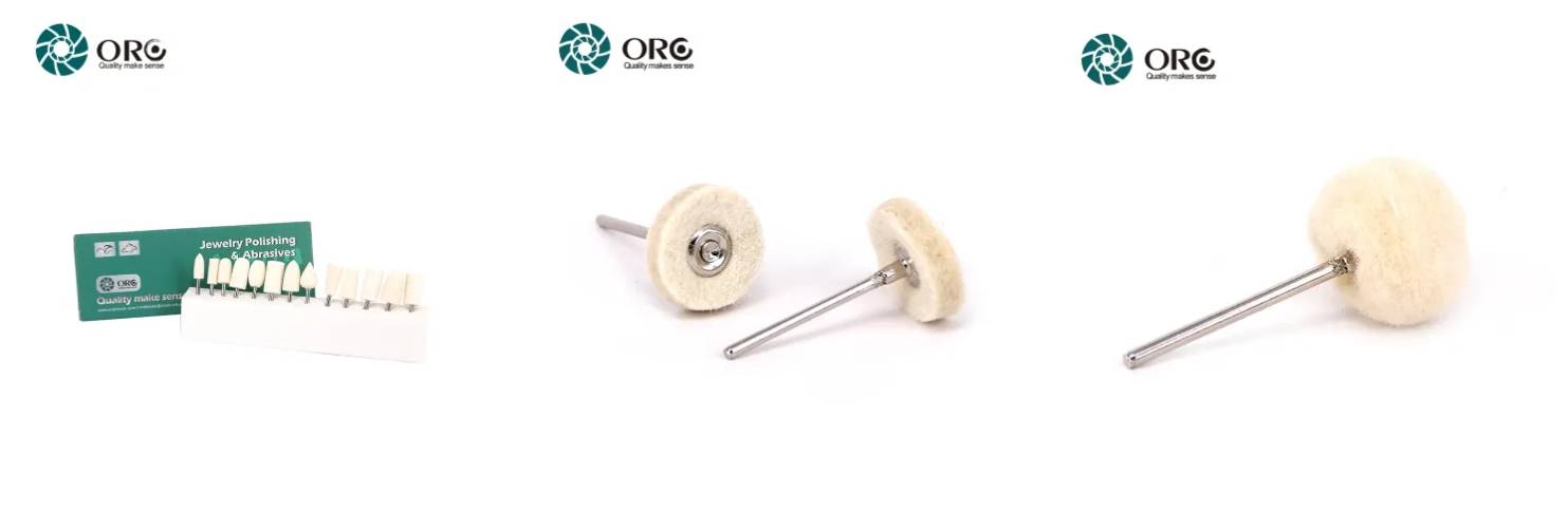 Three product display panels showcasing Orobrush jewelry polishing felt bobs, stitched cotton wheels, and loose cotton buffing attachments.