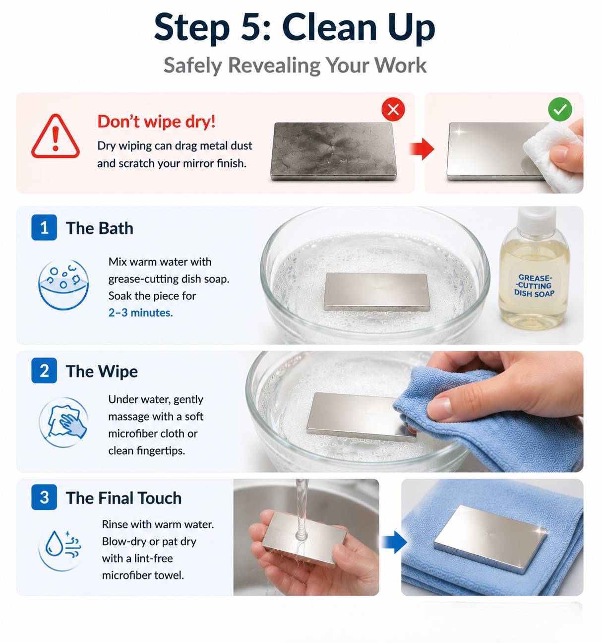 Instructions for cleaning polished metal pieces, featuring a warm soapy water bath, a gentle microfiber cloth wipe, and a final water rinse.