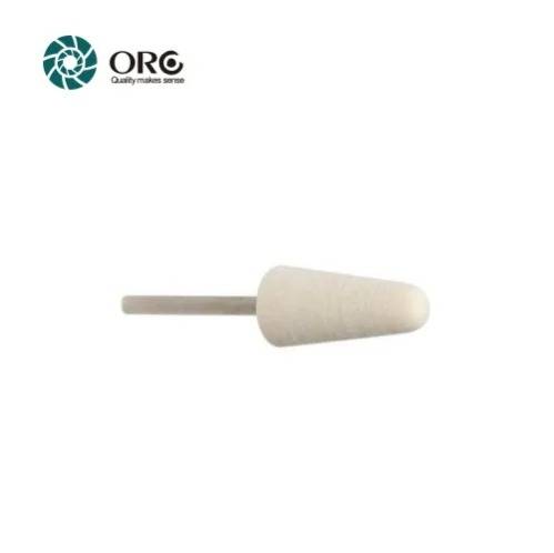 Cone-shaped white wool felt polishing bob mounted on a metal mandrel.