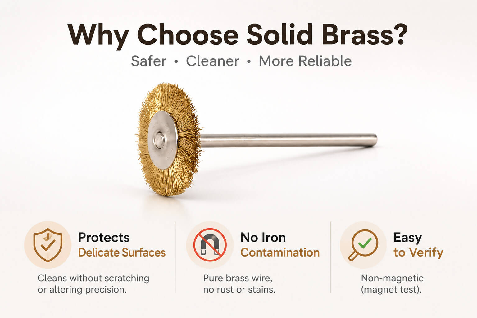 Infographic explaining benefits of solid brass wire brushes for delicate cleaning