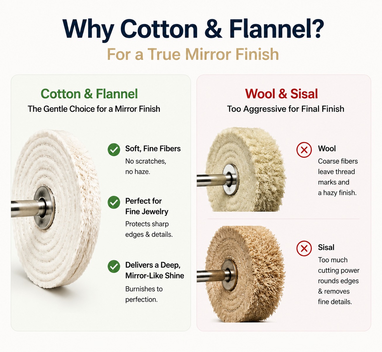Comparison graphic showing why cotton and flannel buffs protect fine jewelry, while wool and sisal are too aggressive.