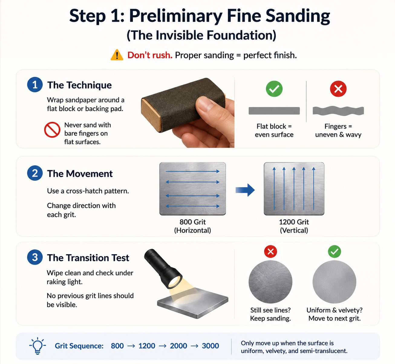 Guide on preliminary fine sanding, demonstrating flat block sanding techniques, cross-hatch movement patterns, and checking under a raking light.