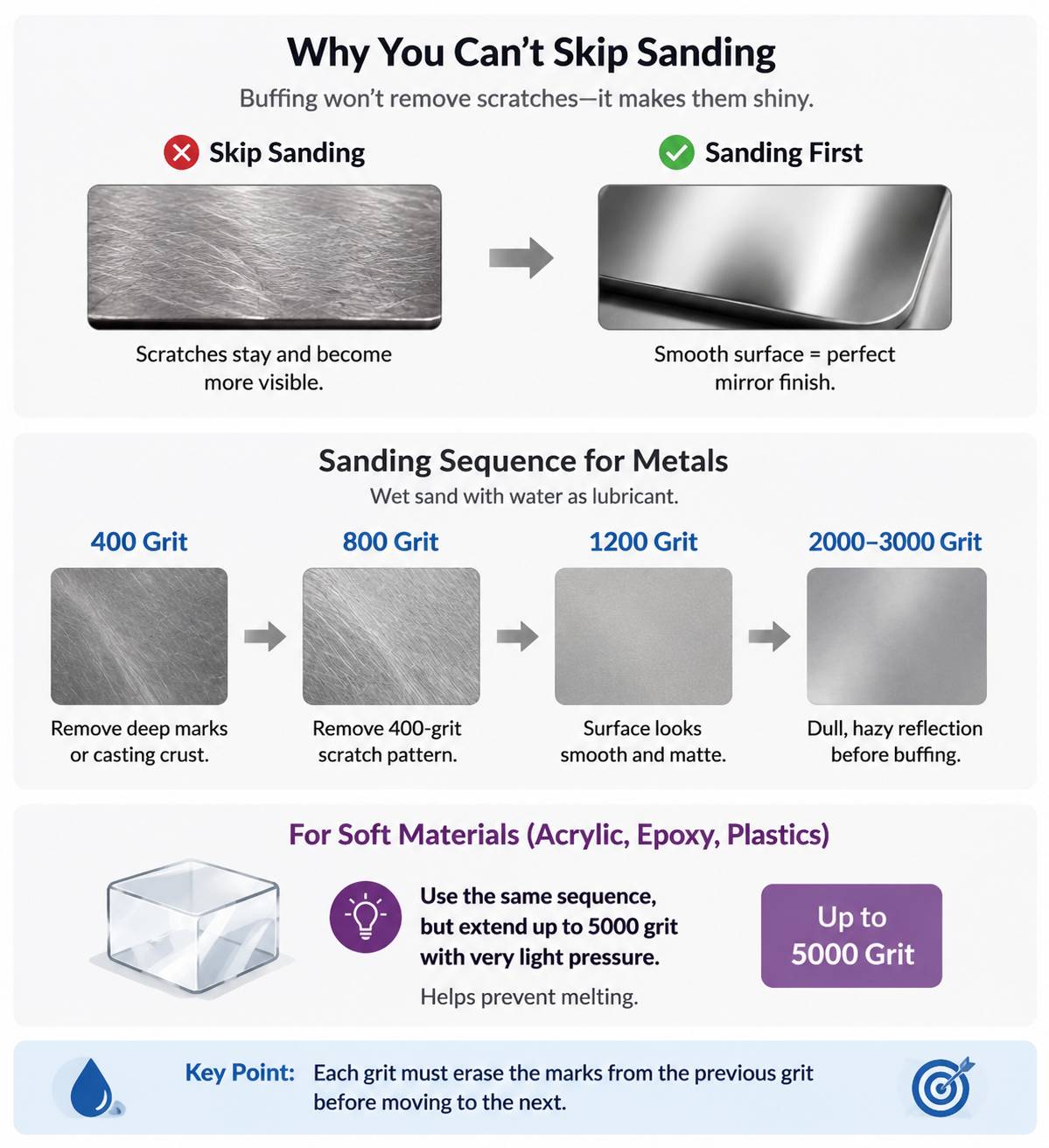 Infographic showing why sanding is essential, detailing grit sequences from 400 to 3000 grit for metals, and up to 5000 grit for soft materials.