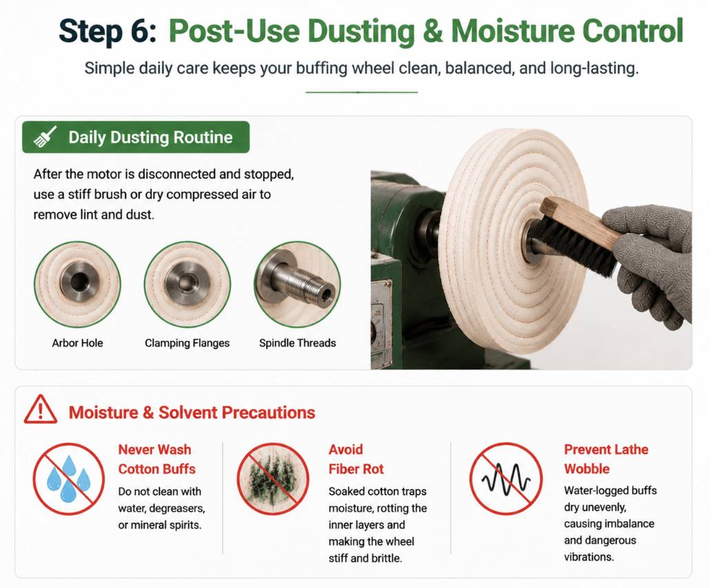 Instructions on daily dusting routines and avoiding moisture or solvent damage to maintain cotton buffing wheels.