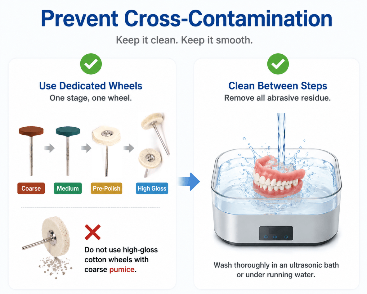 Visual guide on using dedicated polishing wheels and ultrasonic cleaning between finishing stages.