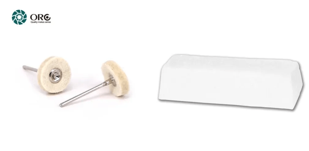 Mounted wool felt polishing wheels paired with a white high-shine acrylic polishing compound bar.