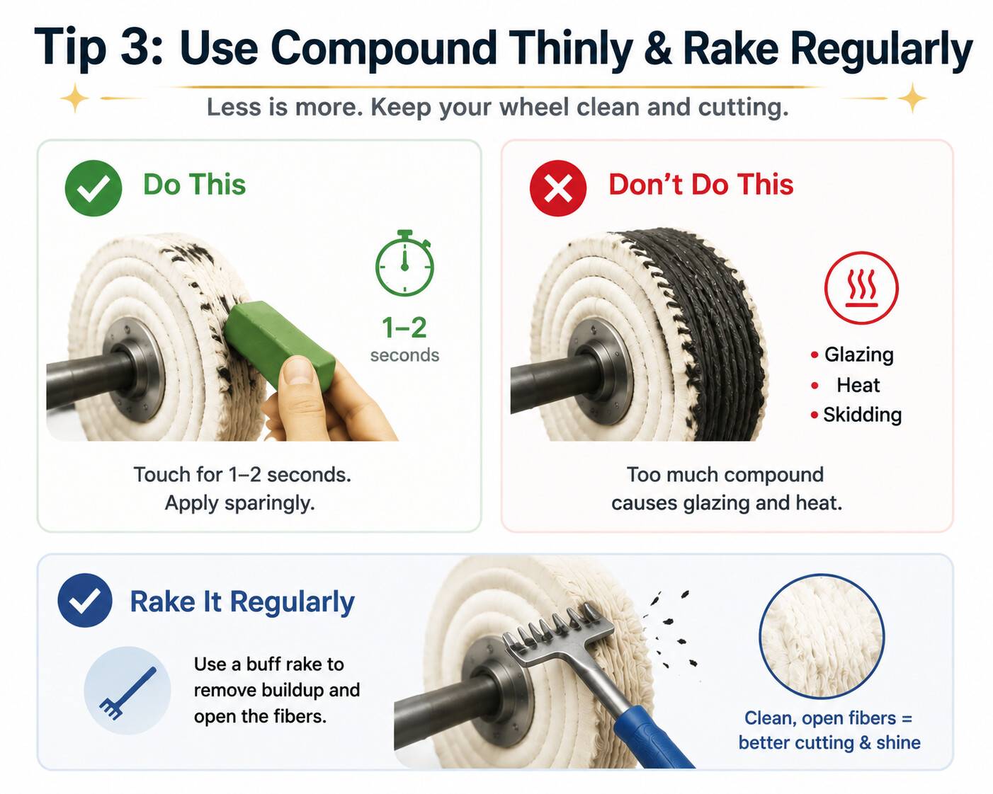 Instructions for applying polishing compound sparingly and using a buff rake to clear wheel buildup and glazing.