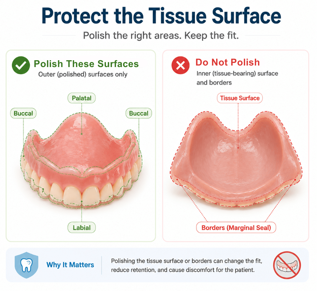 Diagram highlighting outer polished surfaces versus sensitive inner tissue-bearing borders.