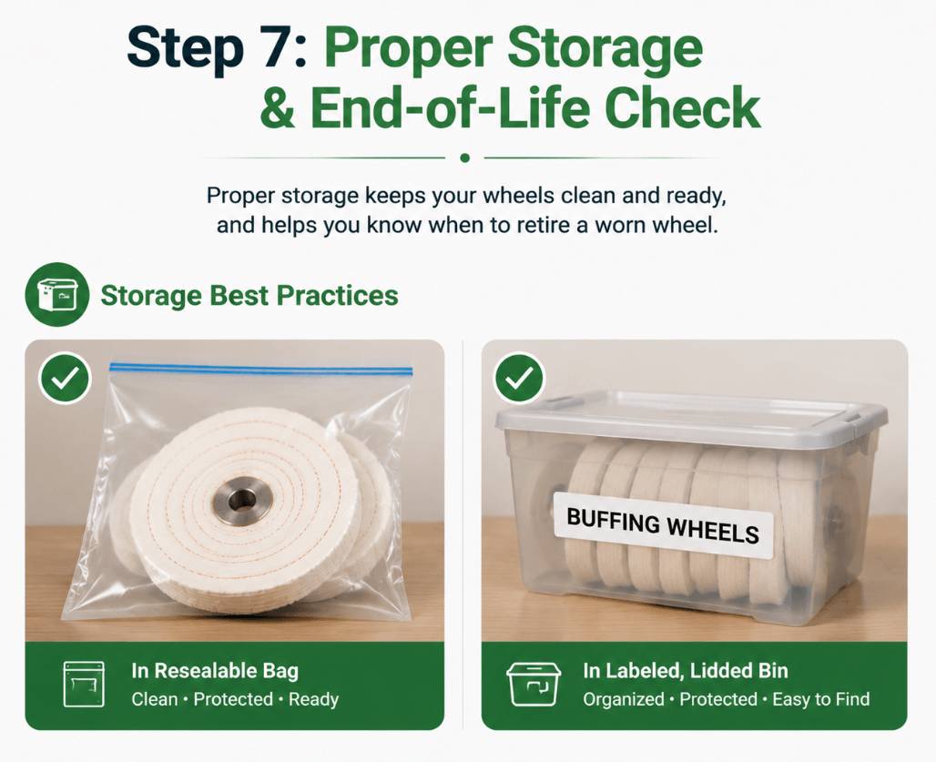 Best practices for storing buffing wheels in resealable bags and labeled lidded bins to keep them clean and protected.