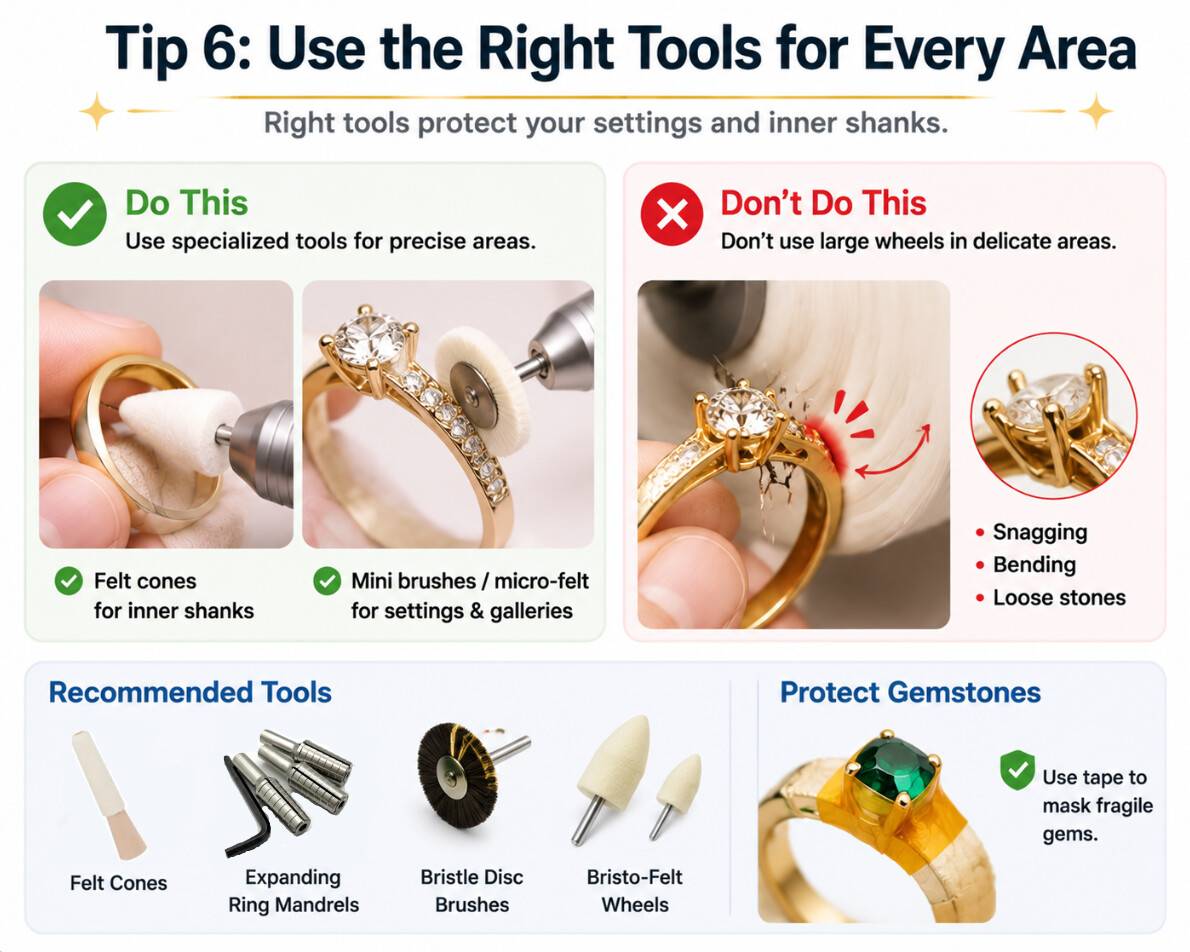 Specialized polishing tools including felt cones, micro-brushes, and masking tape to protect fragile gemstones.