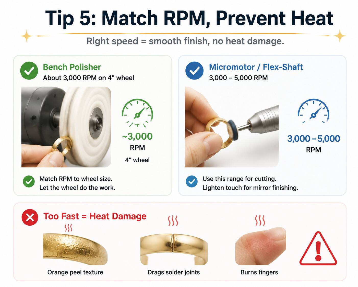 Recommended RPM settings for bench polishers and micromotors to avoid orange peel texture and dragged solder joints.
