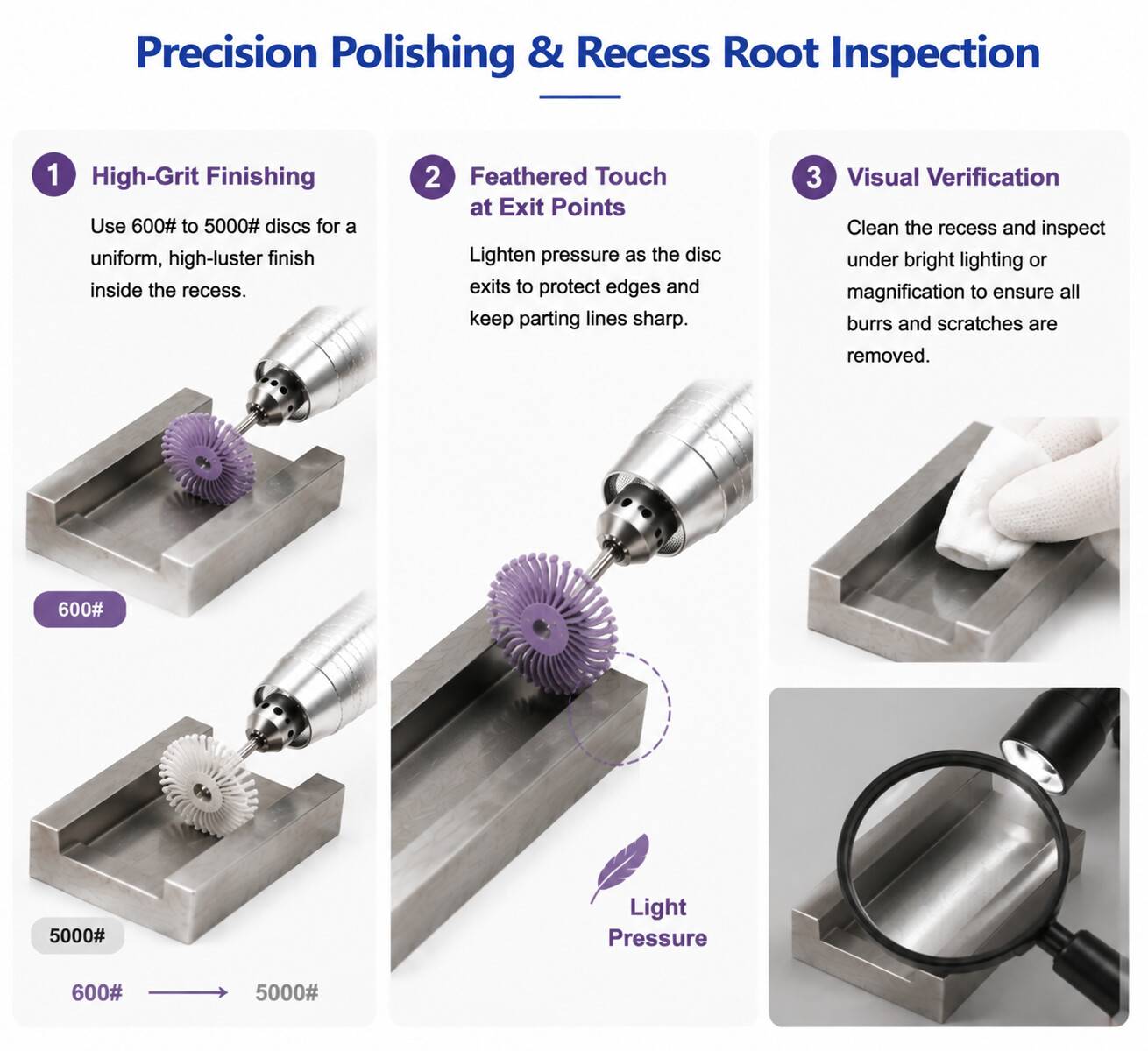Fine 600# to 5000# bristle disc polishing guide with feather-light pressure techniques and visual inspection.