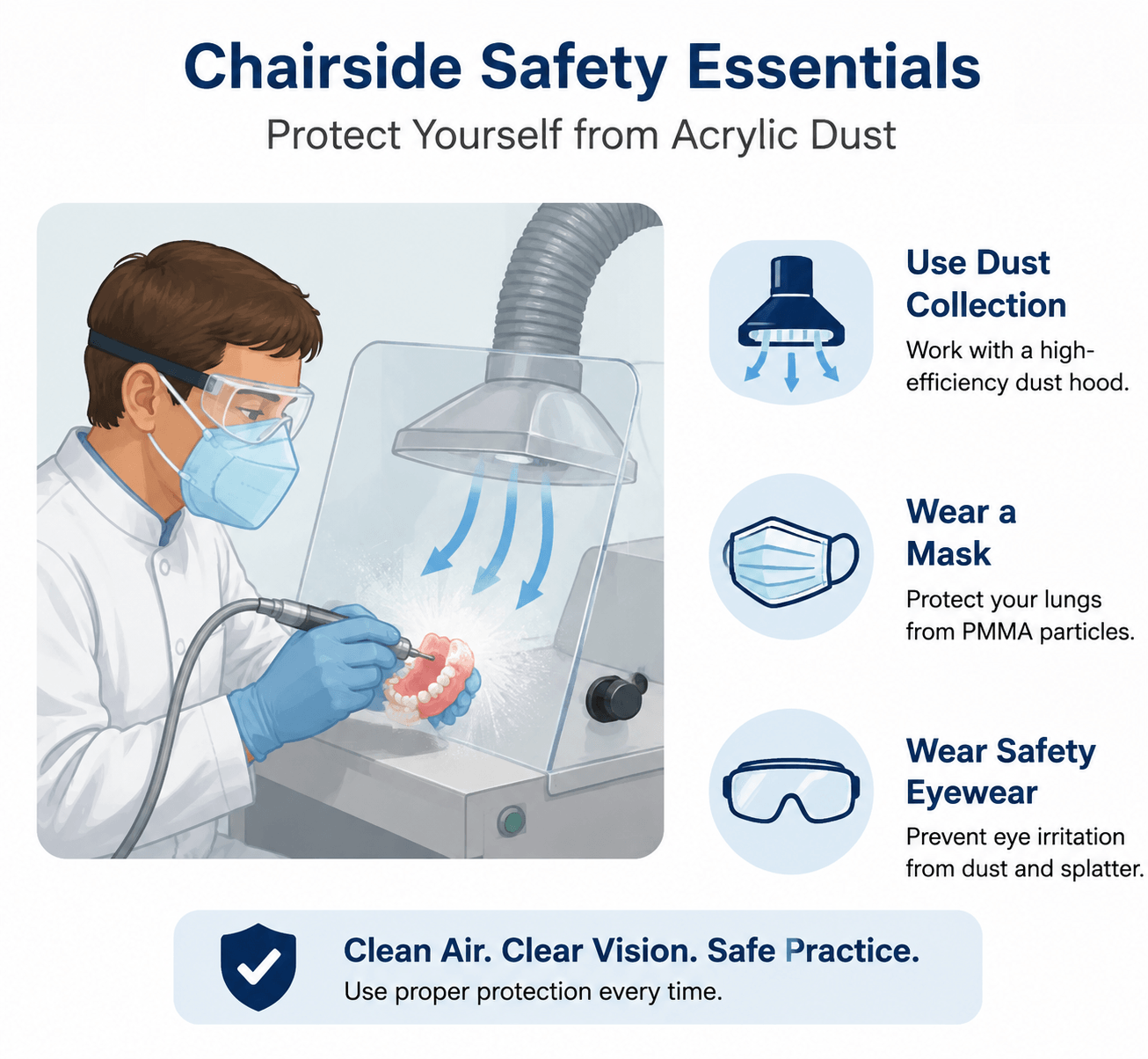 Dental technician working inside a dust collection hood wearing a protective mask and safety glasses.