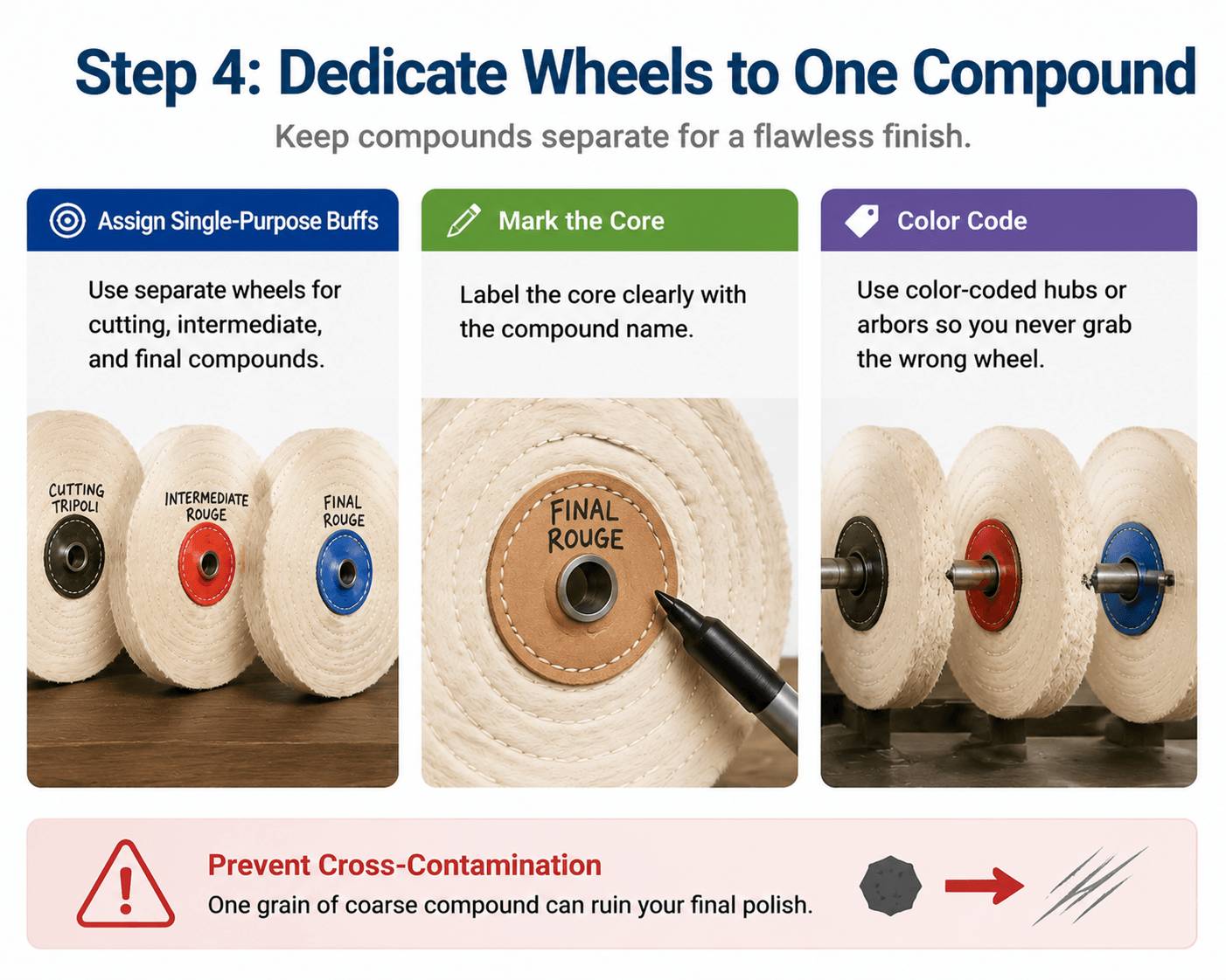 Guide on assigning single-purpose buffs, marking cores, and color-coding to prevent polishing cross-contamination.