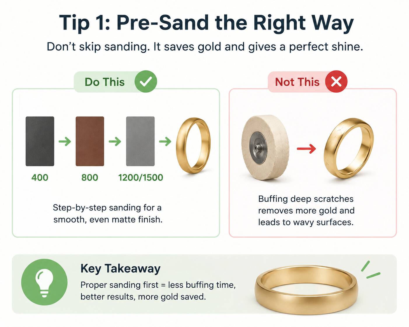 Diagram showing step-by-step 400 to 1500 grit sanding vs direct buffing to save gold and avoid wavy surfaces.