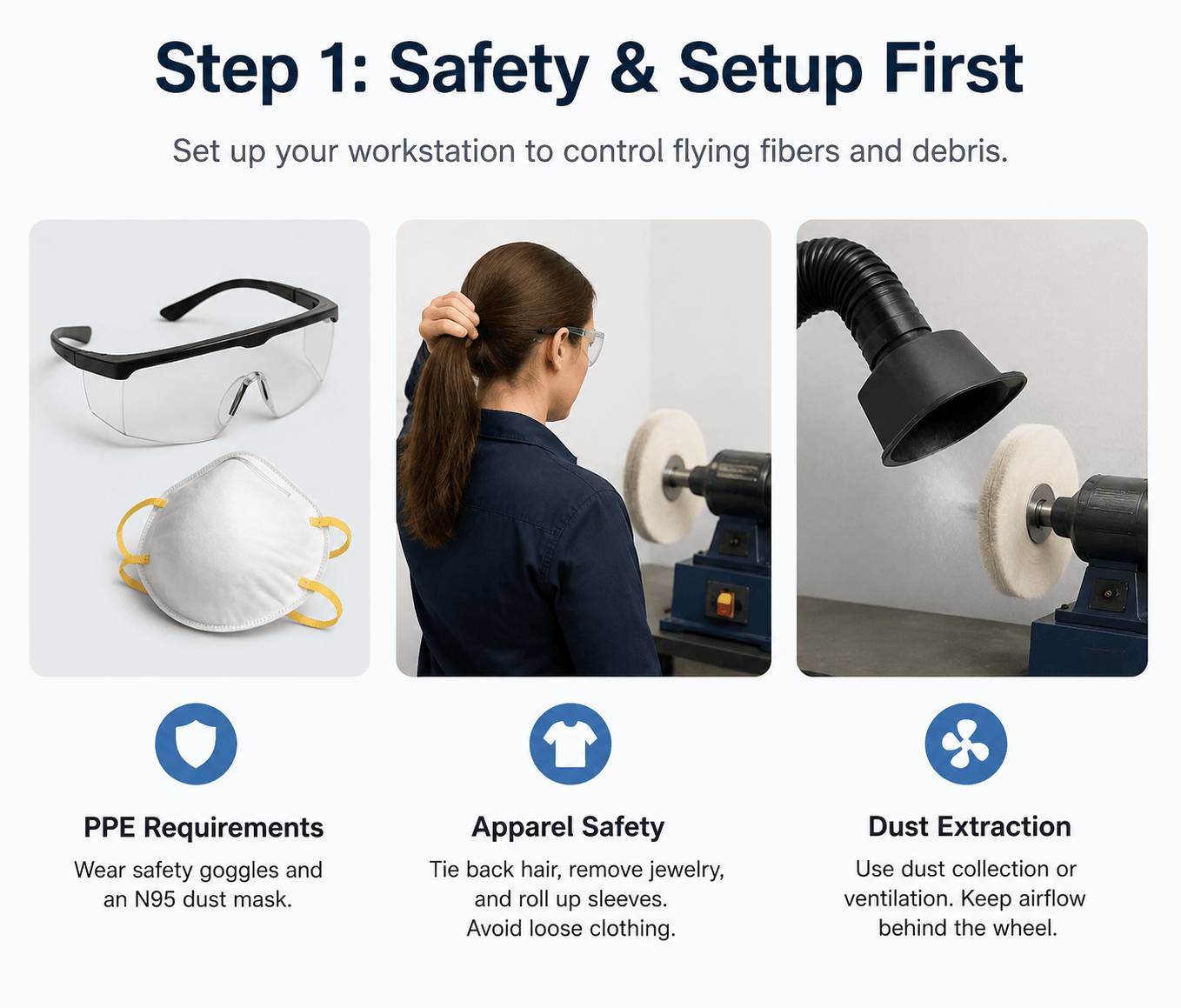 Infographic showing safety setup including PPE requirements, apparel safety, and dust extraction for polishing.