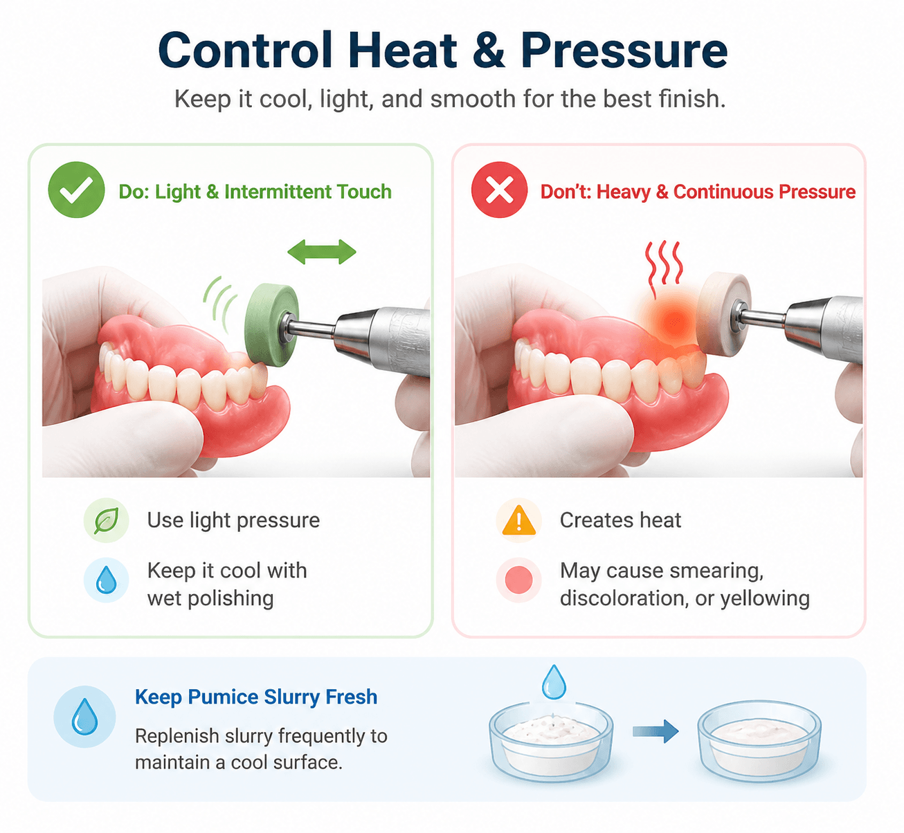 Infographic demonstrating light pressure and wet polishing to avoid overheating acrylic dentures.