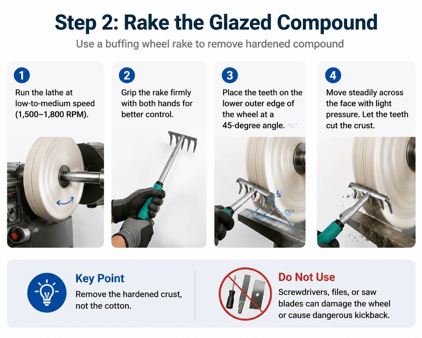 Step-by-step guide on how to safely use a buffing wheel rake to remove hardened compound crusts from cotton wheels.