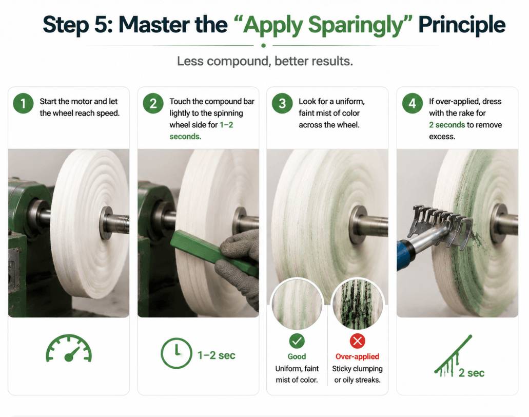 Tutorial on applying polishing compound sparingly to a spinning buffing wheel to avoid clumping and oily streaks.
