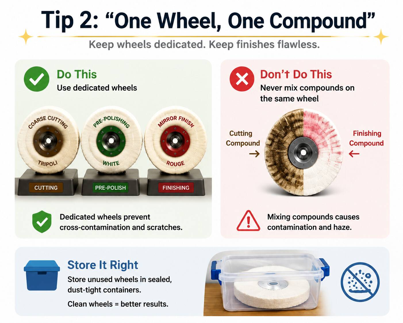 Dedicated buffing wheels for Tripoli, White, and Rouge compounds with storage box to prevent contamination.