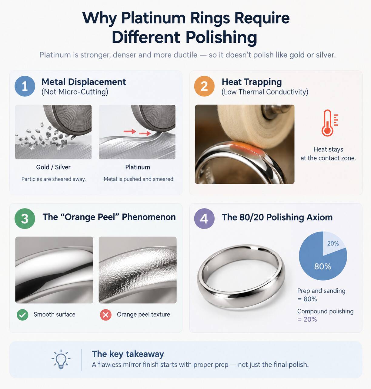 Infographic explaining metal displacement, heat trapping, and orange peel on platinum.