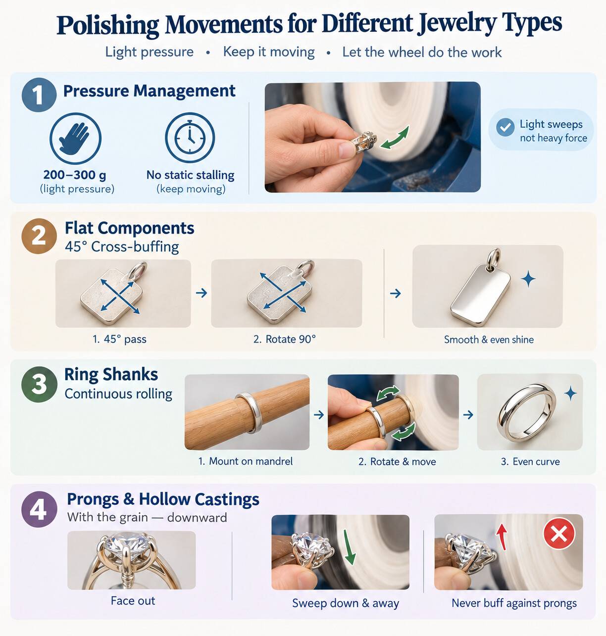 Instructions for jewelry polishing motions including 45 degree cross-buffing and sweeping down from prongs