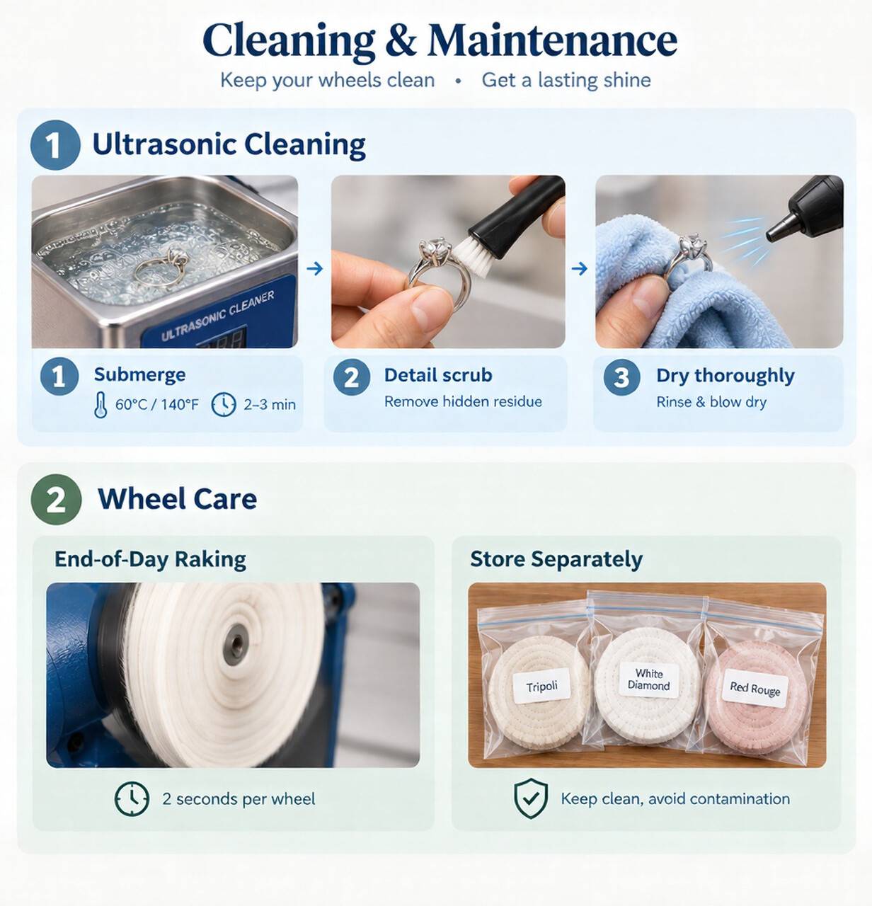 Guide for ultrasonic jewelry cleaning and buffing wheel maintenance with raking and separate storage bags