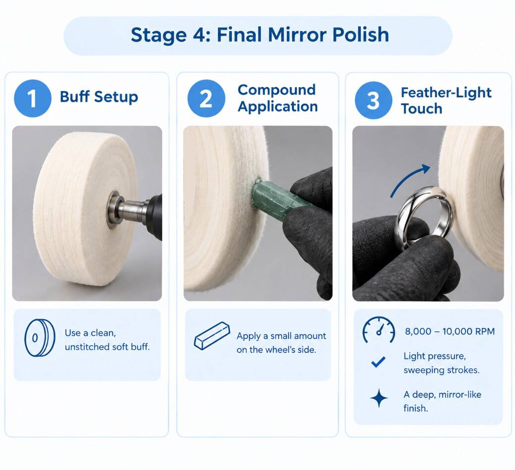 Stage 4 final mirror buffing for platinum rings using soft unstitched buffs.
