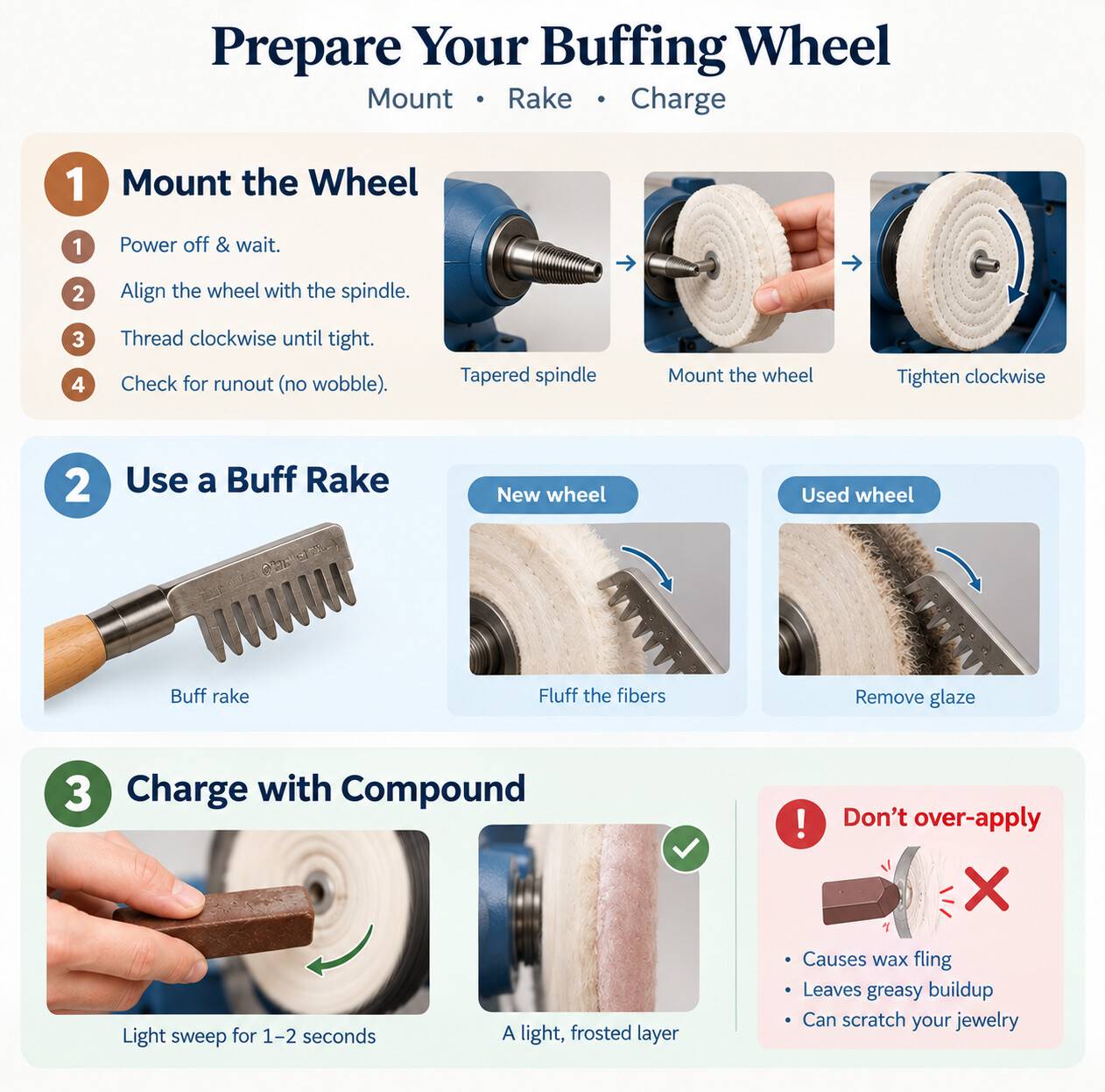 Infographic showing how to mount a buffing wheel on a tapered spindle rake fibers and charge compound