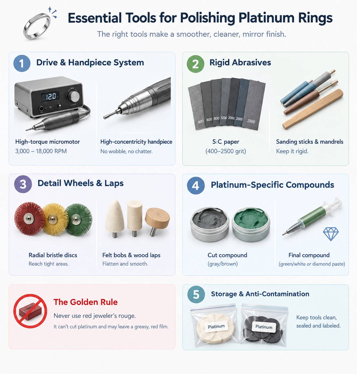 Essential platinum polishing tools including micromotors, abrasives, laps, and compounds.
