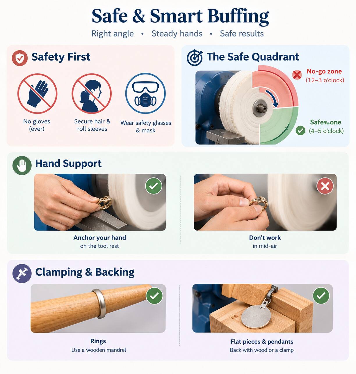 Jewelry polishing safety guide showing safe buffing quadrant tool rest support and wooden mandrel clamping