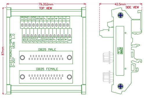 ELECTRONICS-SALON DB25 D-Sub DIN Rail Mount Interface Module, Male / Female, Dsub Breakout Board.