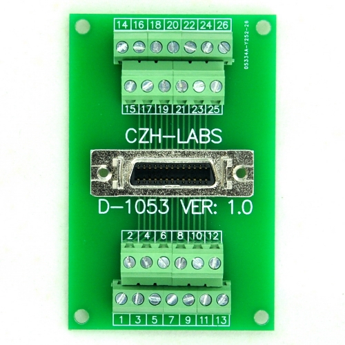 CZH-LABS 26-pin 0.05" Mini D Ribbon/MDR Female Breakout Board, SCSI, Terminal Module.