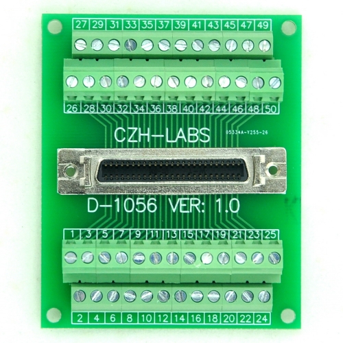 CZH-LABS 50-pin 0.05" Mini D Ribbon/MDR Female Breakout Board, SCSI, Terminal Module.