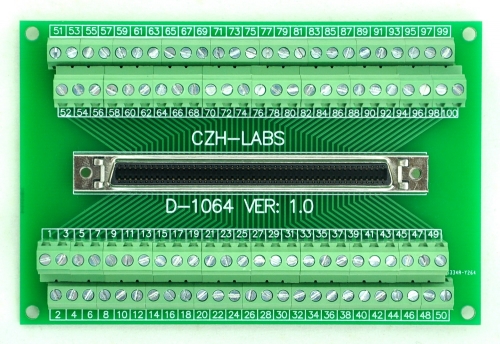CZH-LABS 100-pin 0.05" Mini D Ribbon/MDR Female Breakout Board, SCSI, Terminal Module.